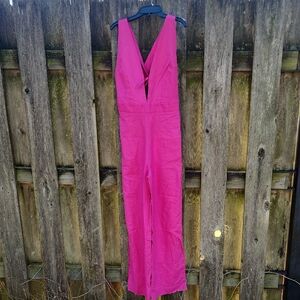 Nwt Dèluc Hot Pink Fuscha Linen Blend Sleeveless Jumpsuit Sz M